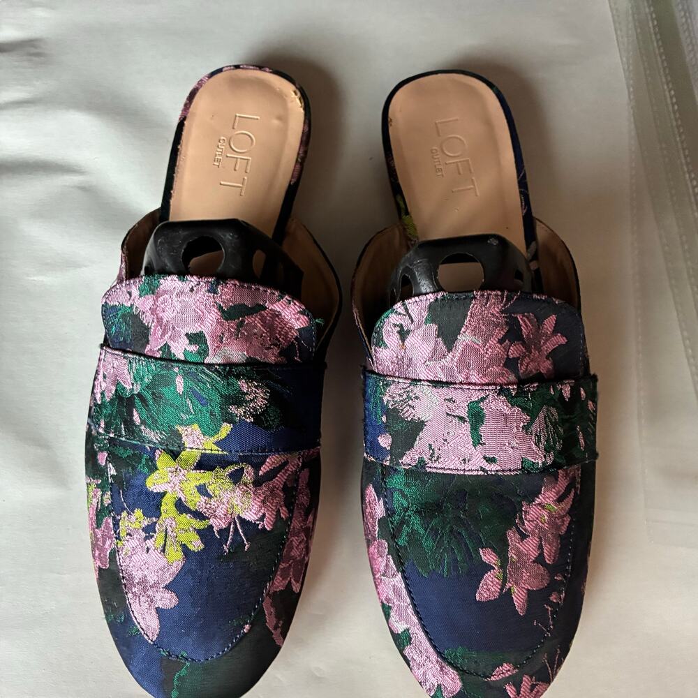 LOFT Blue Floral Monk Strap Mule Shoes Women's 9 Pointed-Toe Satin Asian Shimmer - Picture 4 of 13